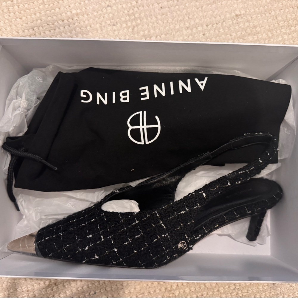 New Anine Bing Black and Silver Tweed Slingback Heels with box! NWT!